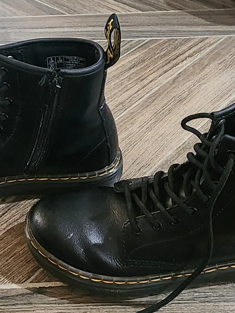 Kids Sz 3 Dr. Martens Black Lace-Up Combat Boots with Yellow Stitching